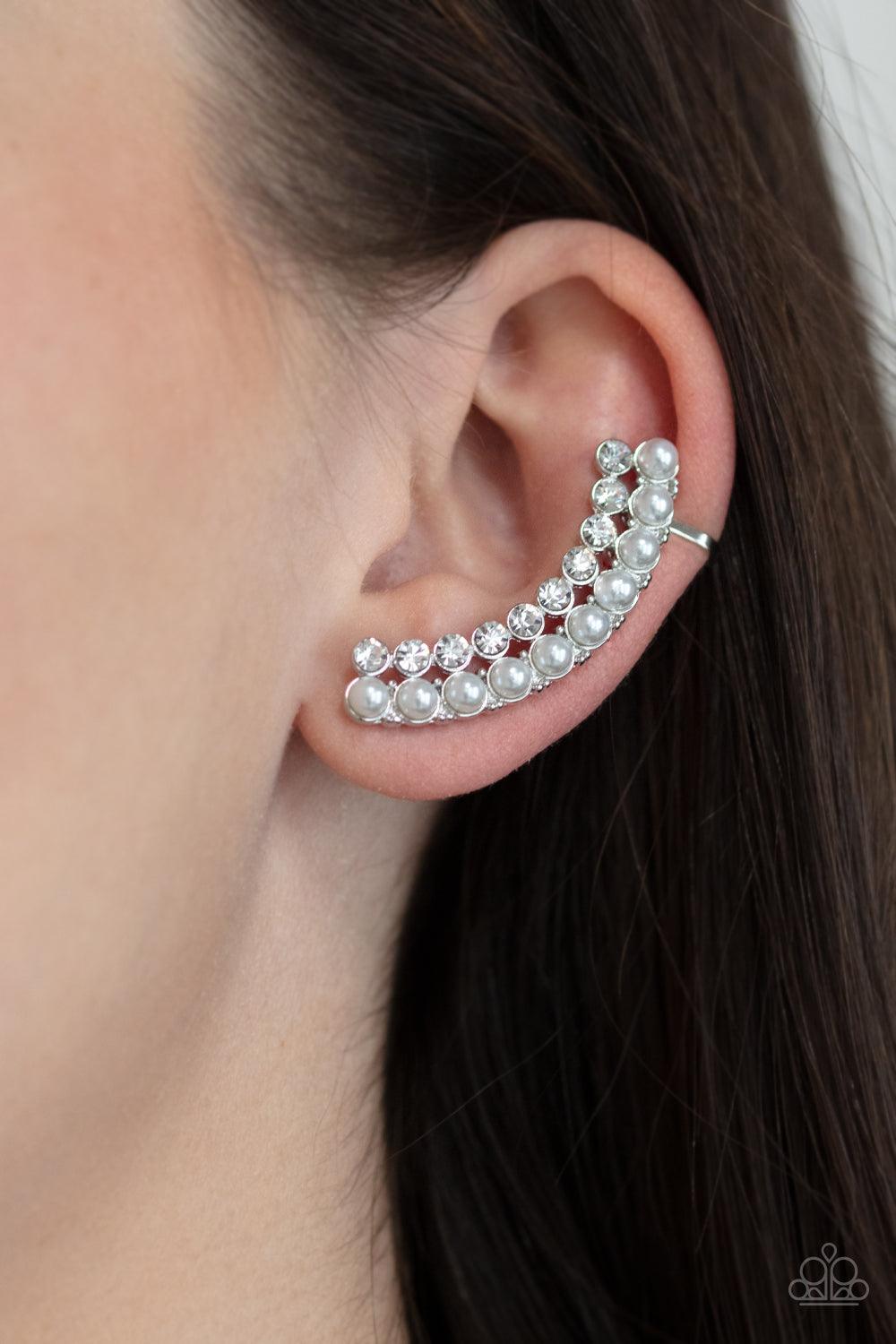 Doubled Down On Dazzle - White Pearl and Rhinestone Ear Crawler Earrings - Demetra's Bling Boutique