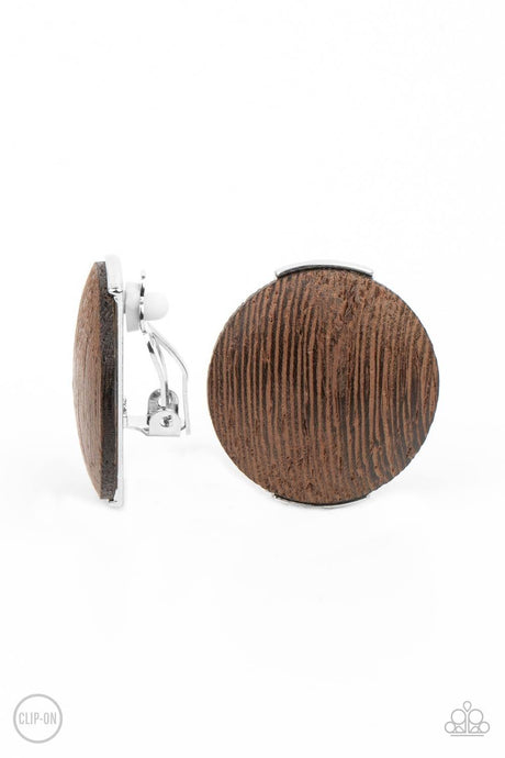 WOODWORK It - Brown Wooden Disc Clip - On Earrings - Demetra's Bling Boutique