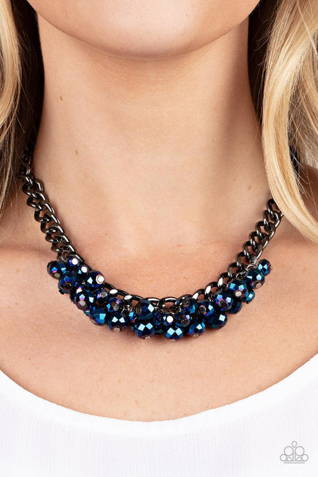 Galactic Knockout - Blue Oil Spill Bead Gunmetal Chain  Necklace - Demetra's Bling Boutique