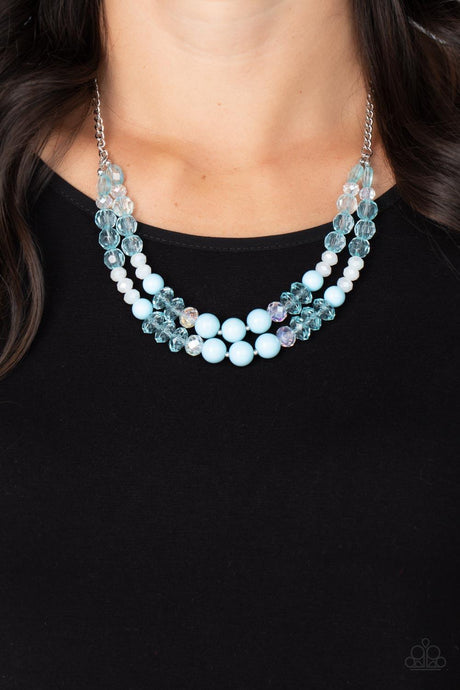 Vera-CRUZIN - Blue White Iridescent Bead Silver Layered Necklace - Demetra's Bling Boutique